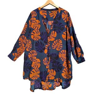 Castaluna NWT Tropical Leaf Print Tunic Button Down Shirt Navy Orange Purple 20W